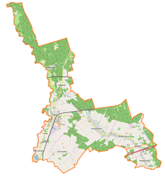 Mapa konturowa gminy Pieńsk, na dole po lewej znajduje się ikonka pałacu z opisem „Pałac w Lasowie”