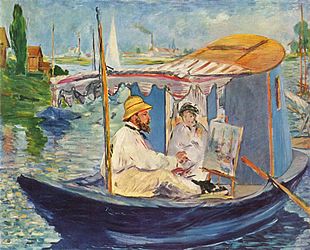 Claude Monet schilderend in zijn atelierboot