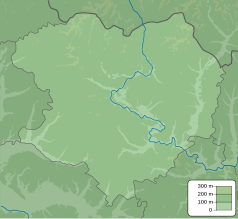 Mapa konturowa obwodu charkowskiego, blisko górnej krawiędzi znajduje się punkt z opisem „źródło”, natomiast blisko centrum u góry znajduje się punkt z opisem „ujście”