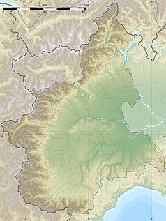 Mapa konturowa Piemontu, po lewej znajduje się punkt z opisem „Valle del Chisone”