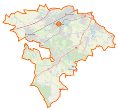 Mapa konturowa powiatu pruszkowskiego, u góry po prawej znajduje się punkt z opisem „Stawy Raszyńskie”