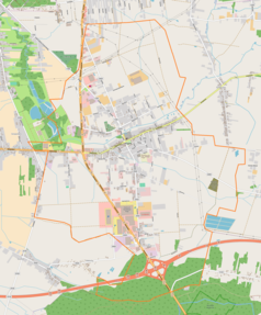 Mapa konturowa Rzgowa, blisko centrum na dole znajduje się punkt z opisem „Mandoria, Miasto Przygód”