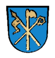 Gemeinde Reut In Blau schräg gekreuzt eine goldene Lanze mit Wimpel und ein goldener Hirtenstab, überdeckt von einer goldenen Rodungshaue (Reute).