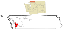 Whatcom County içindeki Bellingham (Kırmızı boyali alan) ve Washington Eyaleti