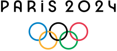 Logo der Olympischen Sommerspiele 2024 in Paris, bestehend aus dem Schriftzug „PARIS 2024“ in einer modernen, stilisierten Schriftart und den fünf ineinander verschlungenen Ringen in den Farben blau, schwarz, rot, gelb und grün
