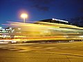 A double decker bus running through