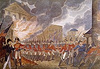 The August 24, 1814, burning of Washington by British forces during the War of 1812, depicted in an 1816 portrait