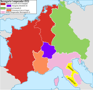 Die Teilreiche des Frankenreichs 915 (Berengars Gebiet in rosa)