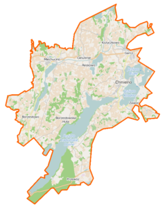 Mapa konturowa gminy Chmielno, u góry znajduje się punkt z opisem „Cieszenie”