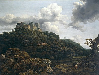 Painting of a castle on top of a wooded mountain