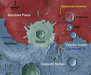 This map, color-coded for minerals (CRISM) and annotated, shows the rover's traverse up to about 2010 with some nearby features noted.