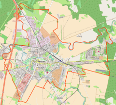 Mapa konturowa Międzyrzecza, blisko centrum na lewo znajduje się punkt z opisem „Parafia Ewangelicko-Metodystyczna w Międzyrzeczu”