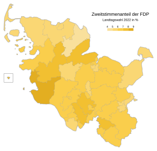 Freie Demokratische Partei ﻿Höchstwerte: 8,9 % (Dithmarschen-Süd) 7,8 % (Pinneberg-Nord) 7,7 % (Dithmarschen-Schleswig) 7,5 % (Stormarn-Mitte) 7,5 % (Eckernförde) ﻿Tiefstwerte: 4,9 % (Schleswig) 5,0 % (Flensburg) 5,1 % (Lübeck-Ost) 5,2 % (Lübeck-Süd) 5,3 % (Lübeck-West)