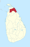 Area map of Mullaitivu District, extending to the west from the north by east coast in the Northern Province of Sri Lanka