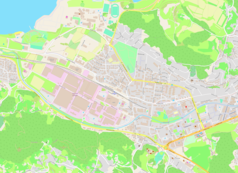 Mapa konturowa Velenje, blisko centrum na lewo znajduje się punkt z opisem „Gorenje, d.d.”