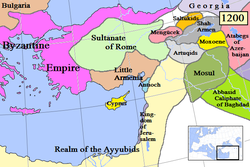 1200 yılında Anadolu, Artuklu Beyliği, Anadolu Selçuklu Devletinin (Sultanate of Rome) doğusunda görünmektedir.