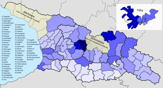 Relativer Stimmenanteil für den Georgischen Traum: ﻿>10–20 % ﻿>20–30 % ﻿>30–40 % ﻿>40–50 % ﻿>50–60 % ﻿>60–70 % ﻿>70–80 % ﻿>80–90 % ﻿>90 %