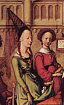 Hennin indossato da una sposa, particolare della Presentazione di Gesù al Tempio di Hans Holbein il Vecchio, 1500–01, Basilea.