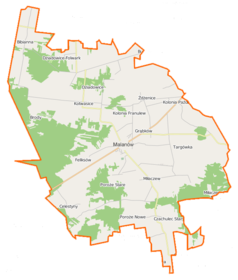 Mapa konturowa gminy Malanów, na dole nieco na prawo znajduje się punkt z opisem „Czachulec Stary”