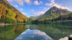 Blick talaufwärts nach Süden auf den Zwingsee mit dem Falkenstein (links) und dem Kienbergl (rechts). Am linken Bildrand die historischen Gebäude des Freibads.