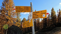 Wegweiser auf der Alpe Quadrella (zwölfte Etappe).