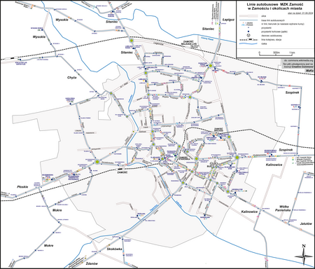 Plan Zamościa i okolic z trasami linii MZK Zamość
