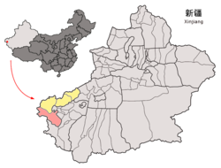 Location of the county (red) in Kizilsu Prefecture (yellow) and Xinjiang
