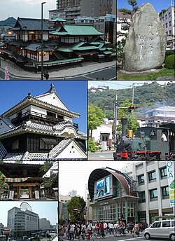 Yukarıdan sola:Dogo Onsen, Shiki Masaoka Taş Anıtı, Matsuyama Kalesi, Botchan tren, Ishite-ji geçidi, Matsuyama İstasyonu, Gintengai Cadesi