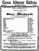 Plakat für die Uraufführung: Das Moloch. Neue Wiener Bühne Wien: 21. Januar 1910.