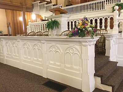 Stand area in the Paris Idaho Tabernacle. All woodwork was hand done. This area burnt in 1887, and had to be re-done, delaying the dedication.