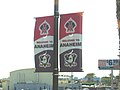 Street banners promoting the Los Angeles Angels of Anaheim and the Mighty Ducks of Anaheim.