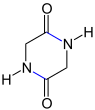 Cyclisches Dipeptid Gly-Gly, das einfachste Diketopiperazin, aufgebaut aus zwei Molekülen Glycin