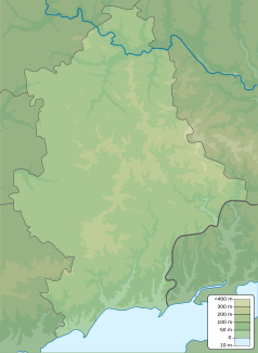 Mapa konturowa obwodu donieckiego, po prawej nieco u góry znajduje się punkt z opisem „źródło”, natomiast na dole po prawej znajduje się punkt z opisem „ujście”