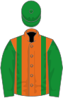 Orange, green braces, green sleeves, green cap