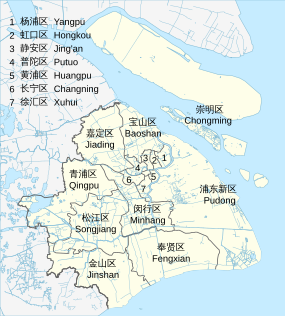 Das administrative Stadtgebiet Shanghais – Die Kernstadt (Puxi) umfasst das Gebiet der Ziffern 1 bis 9