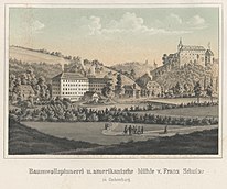 Schloss Sachsenburg mit Baumwollspinnerei und amerikanischer Mühle von Franz Schulze, 1856