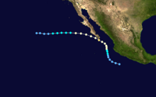 A map of the track of a hurricane near the Pacific coast of Mexico. At first, it moves to the west-northwest, before turning northward while still close to Mexico. A turn back to the west-northwest causes it to bush the southern Baja California peninsula; it then proceeds westward over open ocean until it dissipates.