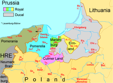 1466'dan sonra Pomerelia ve Prusya: açık gri – Töton/Manastır (sonradan Ducal) Prusya açık yeşil ve sarı – Kraliyet Prusyası'nın voyvodalığı'ları gerçek Prusya bölgesi mavi ve macenta – Prusya bölgesi dışındaki Pomerel bölgesini kapsayan Kraliyet Prusyası'nın voyvodalığıları