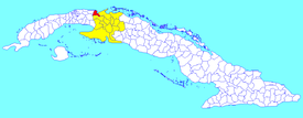 Matanzas municipality (red) within Matanzas Province (yellow) and Cuba