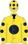 Yellow, dark blue disc, yellow sleeves, dark blue spots, yellow cap, dark blue spots