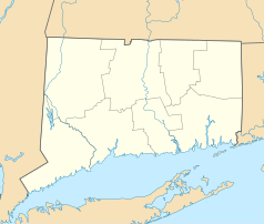 Mapa konturowa Connecticut, na dole nieco na lewo znajduje się punkt z opisem „Stratford”