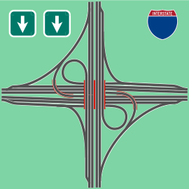 Autobahnkreuz Mischbauform Kleeblatt-Windmühle mit verkürzten, linksseitig mündenden Rampen