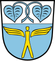 Gemeinde Neubiberg Unter silbernem Schildhaupt, darin nebeneinander zwei verschlungene blaue Seeblätter, in Blau eine geflügelte goldene menschliche Gestalt.