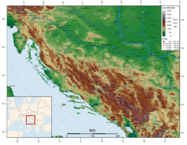 Topografische kaart van de Dinarische Alpen