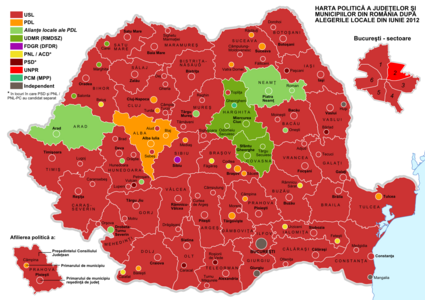 Political map based on the mayor's party affiliation (denoting only major Romanian cities and towns)