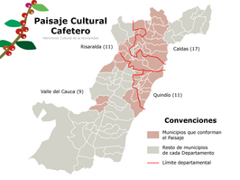 De gemeenten in de departementen Valle del Cauca, Risaralda, Caldas en Quindío die deel uitmaken van de Eje Cafetero (paars)