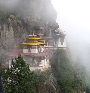 Taktshang Goemba or "Tiger's nest" of Buddhism in Bhutan. Located on a cliff 900 meters high, Parowan city