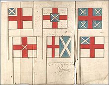 Page of ancient book showing six flag designs, all showing combinations of English and Scottish flags.