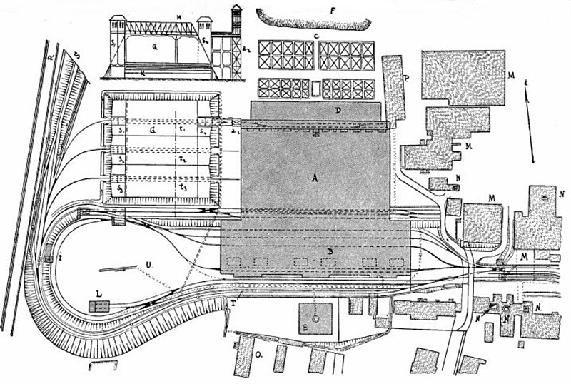 Plan zabudowań nadziemnych kopalni w rejonie pola zachodniego z około 1912 roku z naniesionym nowym zakładem przeróbki. Legenda: A - dział przeróbki blendy (płuczka szlamowa) i rudy ołowiu B - płuczka główna C - osadniki i dział odmulania D - załadownia E - szyb Kraker (na prawo od niego podłużna cechownia) F - hałda skały płonnej G - rampa H - suwnica pomostowa I - waga K - tunel L - warsztat i lokomotywownia M - stara płuczka N - stare szyby (od lewej: Rowley (w połowie planu), Walter, Kaiser, Paul, Prittwitz) O - domy dla pracowników administracji P - kuźnia R - droga do Szarleja S - droga na hałdę T - torowisko kolejki wąskotorowej U - koryto ściekowe