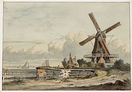 Bolwerk het Blauwhoofd met molen De Bok. Tekening uit 1813 van Johannes Jelgerhuis